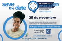 Imagem com fundo em degradê de cinza, onde se lê SAVE THE DATE em azul no canto superior esquerdo. à direita, logomarca da campanha. Ao centro, lê-se 25 DE NOVEMBRO em azul escuro e outras informações. Abaixo, à esquerda, vê-se foto de uma mulher negra sorrindo, tendo à sua volta um círculo azul. Na base, vê-se a logomarca do TRT-16 e a inscrição APOIA ESTA INICIATIVA! em azul.