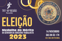 Imagem com fundo roxo, textos em amarelo e branco, e elementos ilustrativos circulares amarelos. No canto superior direito, vê-se foto da medalha do servidor. No canto superior esquerdo, vê-se a logomarca do TRT-16 na versão branca.