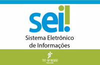 Arte com fundo branco e duas faixas. Na parte superior, uma faixa azul. Na parte inferior, uma faixa verdade. Na parte centra, a palavra SEI na cor azul, seguido de ponto de exclamação na cor verde, seguido do texto Sistema Eletrônico de Informações. No rodapé, a logomarca do TRT-16 na cor branca. 