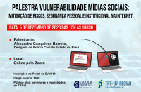 Imagem de fundo azul claro com ilustração de dois notebooks com telas vermelhas à esquerda. No topo, título da palestra em texto preto. Abaixo dele, tarja vermelha com texto branco. Demais informações sobre o evento em texto preto distribuído no restante da imagem.