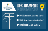 Arte com fundo azul, logomarca do Tribunal branca no lado superior esquerdo. Abaixo, ilustração de poste de energia elétrica. Texto na cor branca escrito: DESLIGAMENTO PROGRAMADO e informações sobre o desligamento.