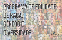 Imagem com fundo colorido, porém opaco, retratando desenhos de vários rostos de pessoas representando a diversidade de raças e gêneros. Em primeiro plano, veem-se texto preto com o nome do programa à esquerda e logomarca do TRT-16 no canto inferior direito, na versão preta.