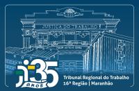 Arte com fundo azul. Em primeiro plano, ilustração dos três prédios do TRT-16.