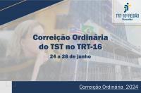 Arte com a imagem de fundo mesclada de uma mulher loira e o prédio do TRT-16, com uma película sobreposta. À frente, texto CORREIÇÃO ORDINÁRIA DO TST NO TRT16 24 A 28 DE JUNHO, além de uma tarja no rodapé da imagem de cor azul e texto escrito CORREIÇÃO ORDINÁRIA 2024. Ao lado esquerdo, na parte superior, logomarca do TRT-16. 