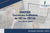 Arte com a imagem de fundo mesclada de uma mulher loira e um calendário na tela de um notebook, com uma película na cor branca sobreposta. À frente, texto AGENDA CORREIÇÃO ORDINÁRIA DO TST NO TRT-16, além de uma tarja no rodapé da imagem, de cor azul, e texto escrito CORREIÇÃO ORDINÁRIA 2024. Ao lado direito, na parte superior, logomarca do TRT-16. 
