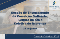 Arte com a imagem de fundo mesclada de uma mulher loira em destaque e fotos de plenário de sessões, com uma película na cor branca sobreposta. Em primeiro plano, texto azul SESSÃO DE ENCERRAMENTO CORREIÇÃO ORDINÁRIA, LEITURA DA ATA E COLETIVA DE IMPRENSA, além de uma tarja no rodapé da imagem, de cor azul, e texto escrito CORREIÇÃO ORDINÁRIA 2024 em letras brancas. No canto superior direito, logomarca do TRT-16. 