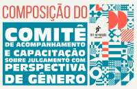 Arte com fundo bege claro e elementos em tons de turquesa e salmon, mostrando composição de figuras geométricas à direita e texto com o nome do comitê à esquerda.