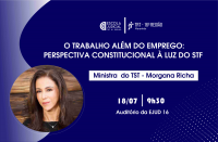 Arte em tons de azul escuro com ondas em azul mais claro. À esquerda, foto de uma mulher clara e de cabelos escuros. À direita, logomarcas da Escola Judicial e do TRT-16, e textos na cor branca, com informações do evento.