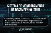 Imagem de fundo escuro, mostrando telas de computador com textos e gráficos em tons de verde. Em primeiro plano, textos brancos com o nome do novo sistema SMD e sobre quais servidores serão monitorados. Na base, logomarca do TRT-16.