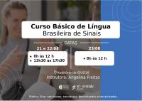 Imagens de pessoas se comunicando por meio de língua de sinais, usando as mãos no segundo plano. No primeiro, a imagem apresenta informações do curso, em caixa branca com letras na cor predominantemente preta. Na parte de baixo, estão posicionados as logos da Escola Judicial e do TRT-16.