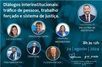 Imagem com fundo azul e título do evento no topo em letras brancas. Abaixo, veem-se sete círculos com fotos dos debatedores e informações de data, horário e logomarcas do evento.