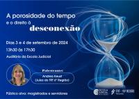 Arte com fundo azul escuro com texto branco. Canto inferior esquerdo foto da palestrante. A direita ilustração de uma ampulheta e logomarcas da Escola Judicial e TRT-16.