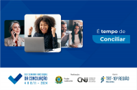 Arte de fundo azul mostrando três fotos de pessoas à esquerda e o slogan da campanha à direita, em texto branco. Na base, tarja branca com as logomarcas da campanha, do Poder Judiciário, do CNJ e do TRT-16.