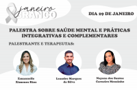 Arte com fundo branco e cinza com destaque para Janeiro Branco e a seguinte informação: Palestra sobre saúde mental e práticas integrativas e complementares. Dia 29 de janeiro. E nomes da palestrante: Emanuelle Ximenes Rios e fisioterapeutas: Leandro Marques da Silva e Nayana dos Santos Carneiro Mousinho.