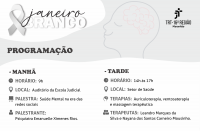 Arte com fundo branco e cinza com destaque para Janeiro Branco, seguindo programação do evento no dia 29 de janeiro.