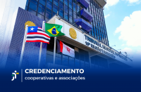 Foto da fachada do prédio do TRT16. Abaixo, tarja azul com o texto CREDENCIAMENTO COORPERATIVAS E ASSOCIAÇÕES. 