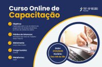 Arte nas cores azul e branco. Com a informação: CURSO ONLINE DE CAPACITAÇÃO. Apresenta ainda a data: 27 de março de 2025. Horário das 14h às 16h. E a logo do TRT16