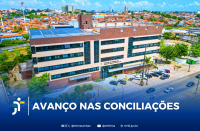Arte com foto do Fórum Astolfo Serra em São Luìs. Na parte inferior a informação: Avanço nas conciliações