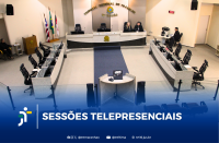 Arte feita com a foto do Plenário do TRT-16 e o destaque na parte inferior: SESSÕES TELEPRESENCIAIS