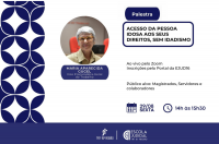 Arte com fundo branco e detalhes na cor azul na lateral esquerda e na parte de baixo. Ao centro, um circulo com o detalhe de um rosto de uma mulher com cabelos grisalhos. Na parte direita, a informação: Palestra: Acesso da pessoa idosa aos seus direitos, sem idadismo. Ao vivo pelo zoom. Sexta-feira (29/8). Na parte inferior, as logomarcas do TRT-16 e da Escola Judicial