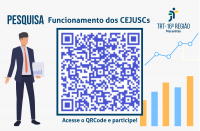 Imagem de fundo cinza com ilustrações de um homem de terno e de ícones de pesquisa. Ao centro, QRCode de acesso à pesquisa.