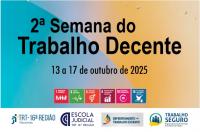 Imagem com fundo azul e amarelo, onde se lê texto preto com o nome e data do evento. Abaixo, os símbolos dos ODSs da ONU. Na base, tarja branca com as logomarcas do TRT-16 e outras.