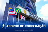 Arte feita com a foto da fachada do prédio-sede e a informação: ACORDO DE COOPERAÇÃO