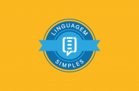 Arte feita com fundo amarelo. Ao centro um selo azul, com a mensagem linguagem simples.