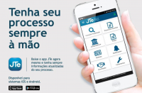Arte com fundo cinza claro. Na esquerda a imagem de uma mão segurando um celular, na tela ícones de serviços. Na direta a informação: Tenha seu processo sempre à mão. Baixa o aplicativo JTe.