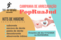 Imagem de fundo branco com semicírculo amarelo no canto inferior esquerdo e triângulo azul ciano no canto superior direito. No topo, logomarca do TRT-16, na versão preta, ao lado do nome da campanha em letras cor de salmão. Ao centro, ilustração de duas mãos formando um coração pela união dos dedos. Corações vermelhos espalhados sobre a ilustração. Textos pretos sobre a campanha distribuídos em elementos coloridos.