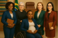 Arte feita com imagens de cinco mulheres. A figura representa a diversidade feminina na cor, idade e atuação profissional