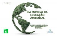 Imagem em fundo branco mostra o planeta Terra formado por árvores verdes. Ao centro, o texto “Dia Mundial da Educação Ambiental” e, acima, “26 de janeiro”. Abaixo, a frase “Despertando consciência para preservar nossa existência”. No rodapé, aparecem o selo do ODS 15 – Vida Terrestre e o logotipo do TRT-16 – Setor de Gestão Socioambiental.