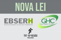 Arte com destaque: NOVA LEI - EBSERH GHC. Na parte inferior a logomarca da Justiça do Trabalho