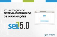 Imagem de fundo branco com elementos coloridos em azul e verde no topo. Ao centro, texto preto e imagem de tela de computador. Abaixo, logomarcas do SEI! 5.0 e do TRT-16.