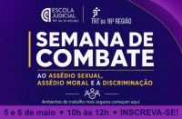 Arte de fundo roxo com textos brancos ao centro. Na base, tarja lilás com informações do evento. No topo, logomarcas do TRT-16 e da Escola Judicial.