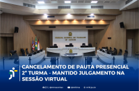 Foto mostra o pleno do TRT-16. Na parte inferior a informação: CANCELAMENTO DE PAUTA PRESENCIAL 2ª TURMA - MANTIDO JULGAMENTO SESSÃO VIRTUAL