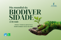 Arte feita em fundo verde. Ao centro o destaque: Dia Mundial da Biodiversidade 22 de maio. No canto superior direito a logomarca do TRT-16