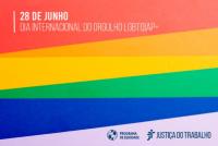 Arte feita com as cores do arco-íres. Na parte superior a informação 28 de junho: Dia Internacional do Orgulho LGBTQIAPN+