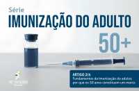 Imagem de frasco de vacina e seringa sobre fundo neutro em azul e cinza, e textos relacionados ao tema.