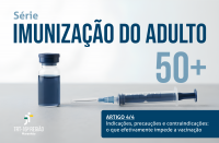 Imagem de frasco de vacina e seringa sobre fundo neutro em azul e cinza, e textos relacionados ao tema.