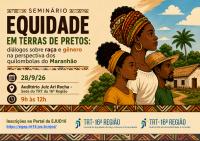 Imagem com fundo bege, ilustração de pessoas pretas e textos marrons, verdes e amarelos, tudo em estilo de arte africana.