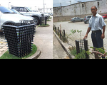 Servidor José de Ribamar Batista instala os cestos confeccionados com restos de forro PVC 