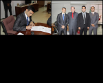 À esq.: juiz Cláudio Victor assina o Termo de Posse; à dir.: juiz Cláudio Victor, desembargador Américo Bedê e juízes Paulo Fernando e Carlos Gustavo.