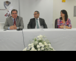 Desembargador Gerson de Oliveira, desembargador James Magno e juíza Carolina Burlamaqui na abertura do evento
