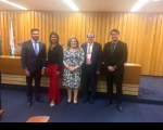 Juiz Eduardo Moreira, Presidente do COJE, Desa. Márcia Andrea Farias da Silva, Ouvidora do TRT da 16ª Região, Desa. Ilka Esdra Silva Araújo, Ouvidora Substituta do TRT da 16ª Região, Des. Ricardo Tadeu Bugarin Duailibe, Ouvidor do TJ-MA e Corregedor do TRE-MA e o Dr. Marcos Antônio Canário Caminha, Ouvidor-Geral do Estado do Maranhão