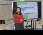 Juíza Angelina durante apresentação do TRT na Escola/TJC
