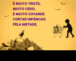 Texto roxo sobre fundo amarelo com ilustração de criança em lixão em preto.