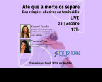 Imagem em fundo lilas convidando para a live do dia 25 de agosto com as fotos das palestrantes