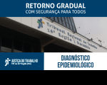 Imagem com fachada do TRT ao fundo e faixa azul com letras brancas escrito Retorno Gradual com Segurança para Todos - Diagnóstico Epidemiológico