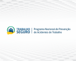 Nova logomarca do Programa Trabalho seguro. Mão segurando três bonecos protegidos por um círculo.